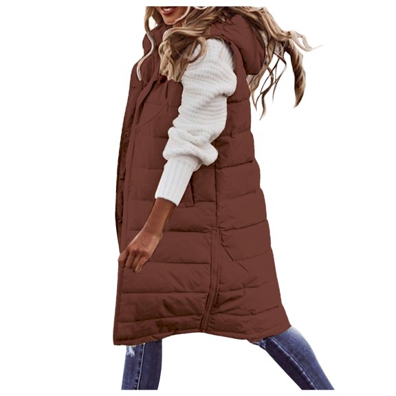 Womens Long Puffer Vest for Women Sleeveless Quilted Zip Up Down Jacket with Hood Pockets Warm Winter Coat Outwear