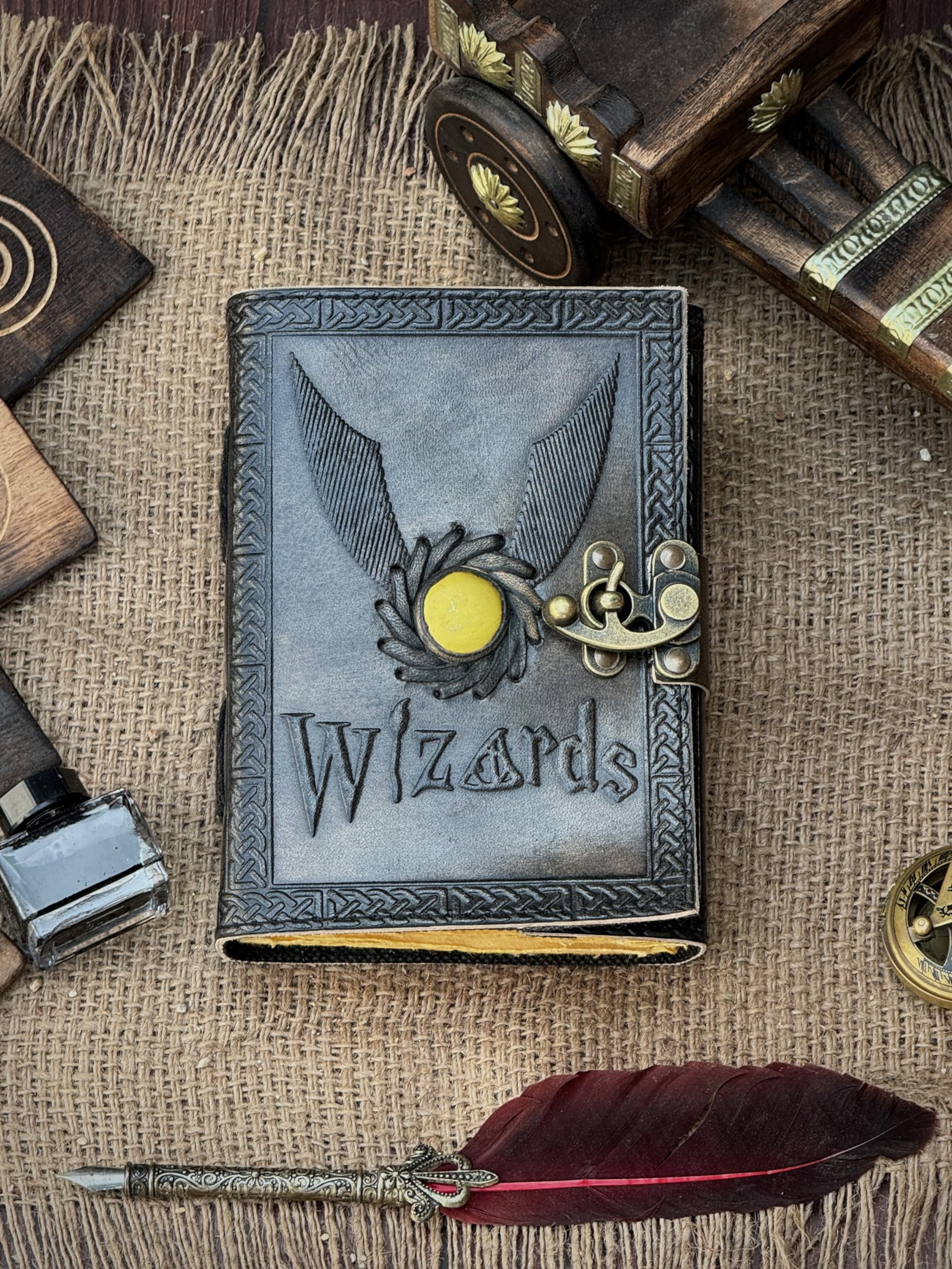 Wizards Leather Journal With Yellow Semi-Precious Stone and FlyingKey Embedded Backside - Vintage Leather Journal - Book of Shadows - Blank Spell Book - Grimoire Wiccan Supplies Witchcraft Antique