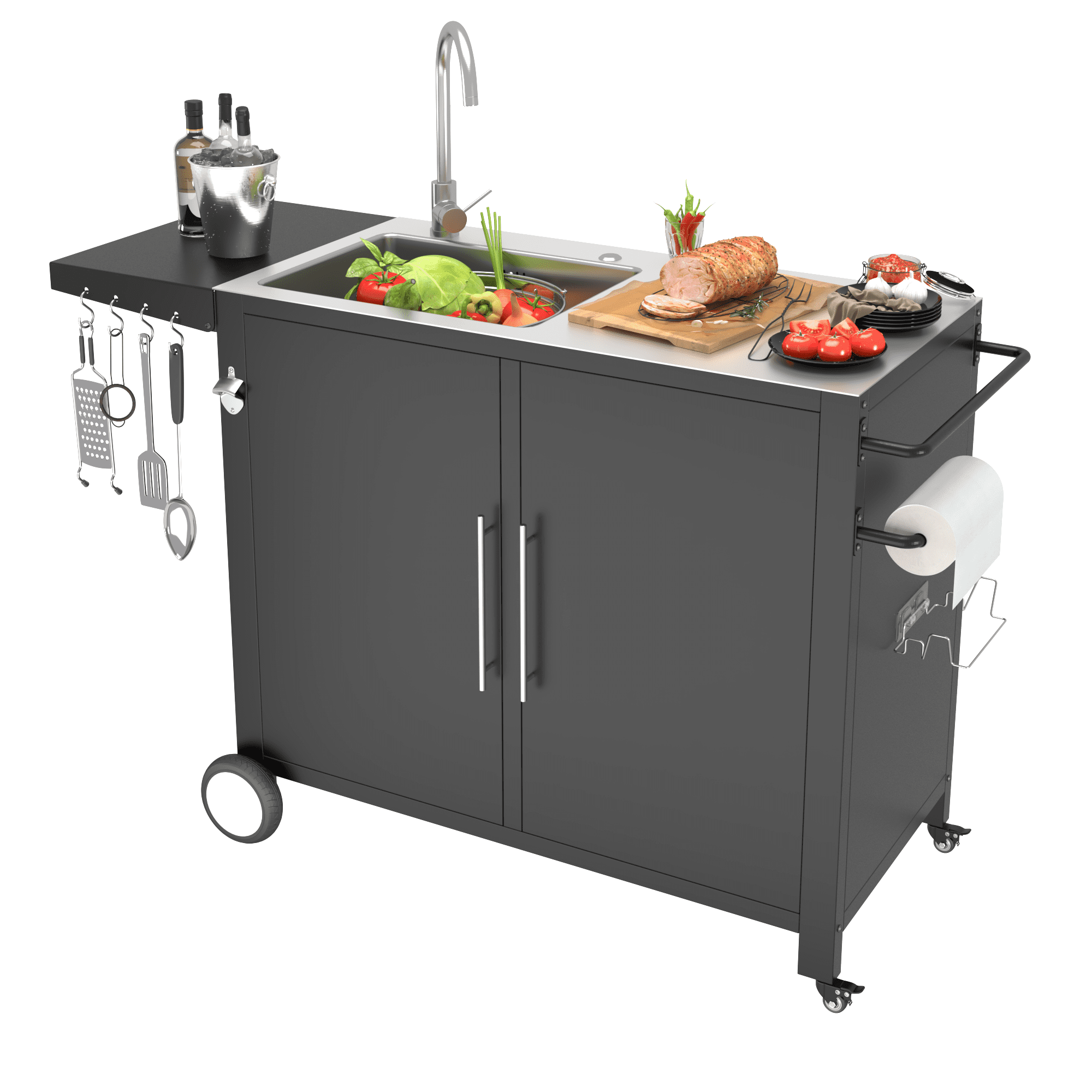 AECOJOY Outdoor Grill Cart with Stainless Steel Sink and Drainage,Metal Grill Cart with Foldable Side Table, Outdoor Kitchen Island with Wheels,Black