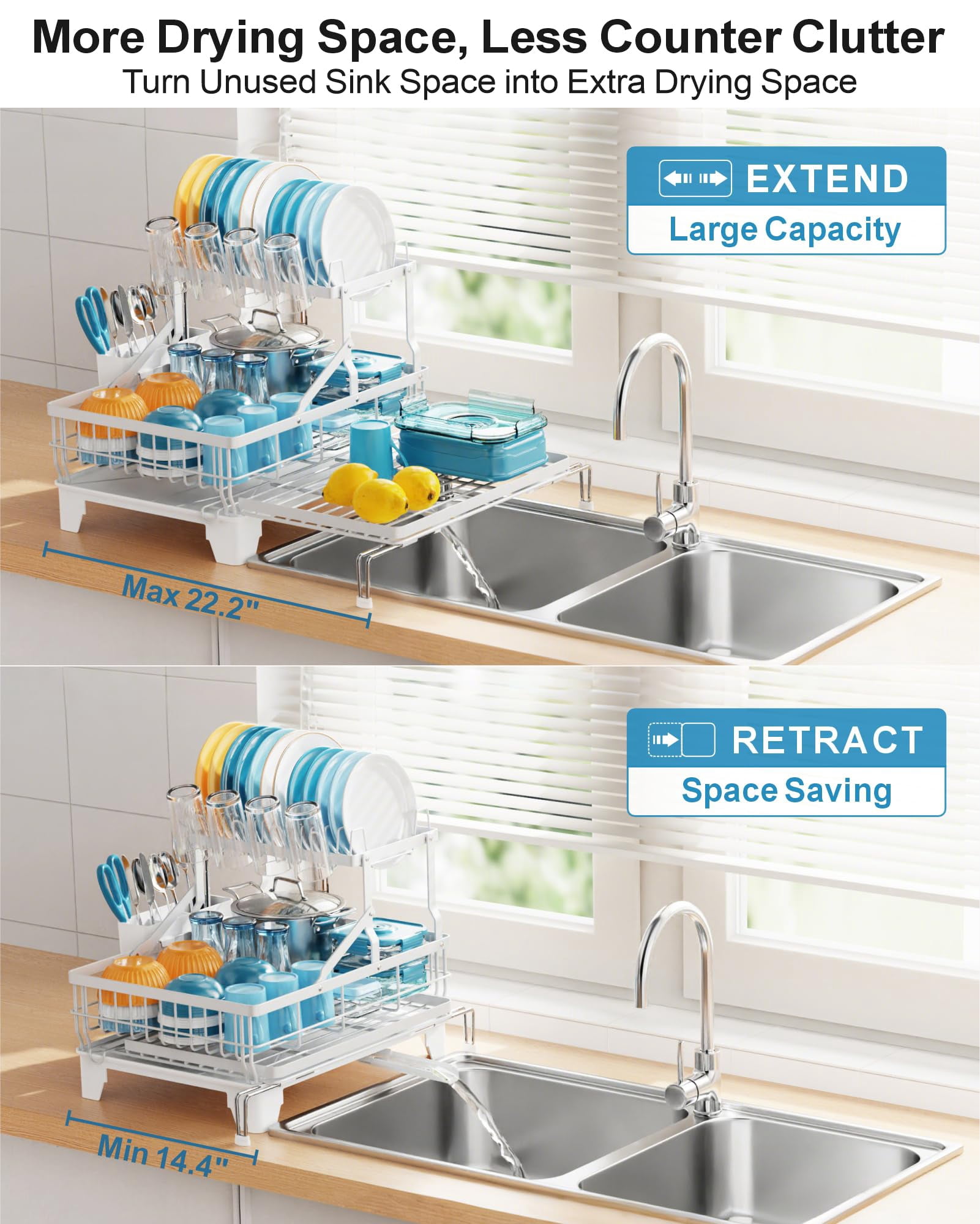 Large 2 Tier Dish Drying Rack  Expandable Heavy-duty For Kitchen Counter Rust-resistant Drainer With Utensil & Cup Holder Auto-drain 16.9" W X 14.4"-22.4" L White