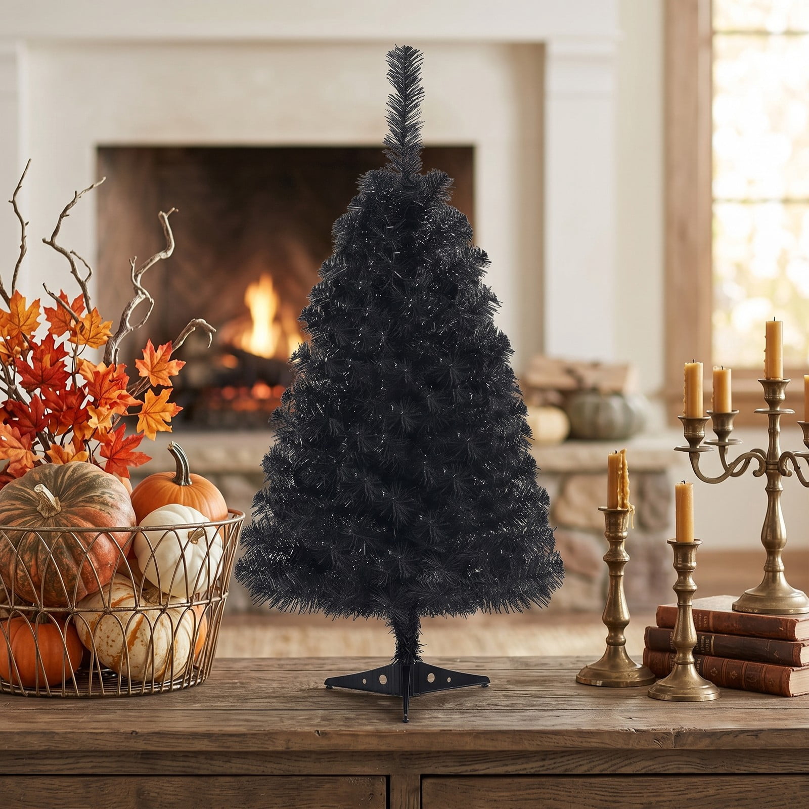 RUIE 3 Foot Unlit Artificial Christmas Tree, Mini Tabletop Halloween Xmas Pine Tree with Plastic Stand, 116 Branch Tips PVC Holiday Decor for Home Office Desk, Black