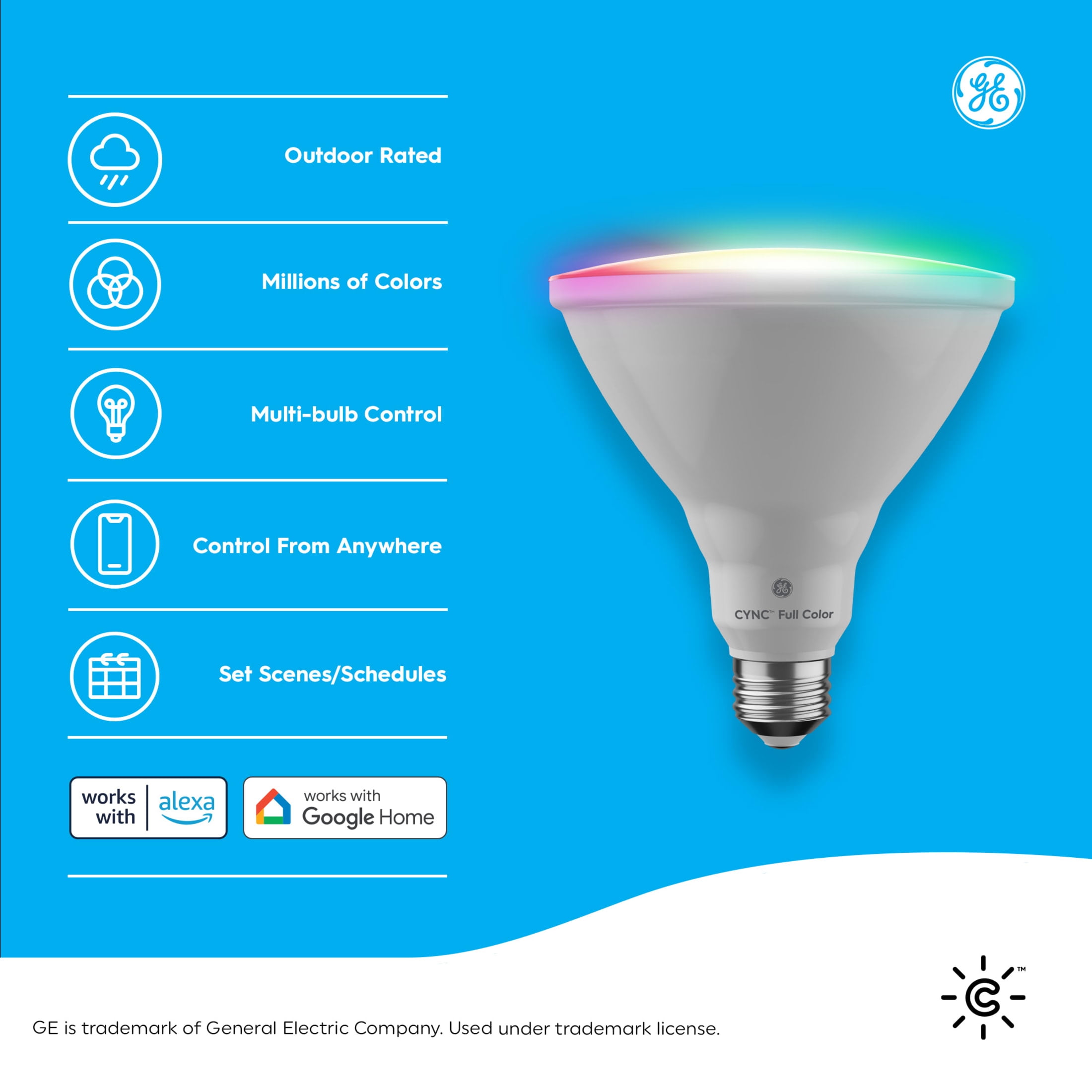 (2 pack) GE Cync PAR38 Smart LED Light Bulb, Color Changing Outdoor Décor Lights, 90 Watts, Medium Base, 1pk