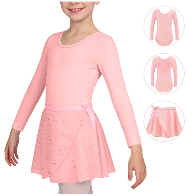 Conjuntos de blusas y camisas de cuello redondo y manga larga Ropa de baile para niñas Vestido de práctica de red con lentejuelas de manga larga con espalda en forma de corazón Conjunto de dos piezas