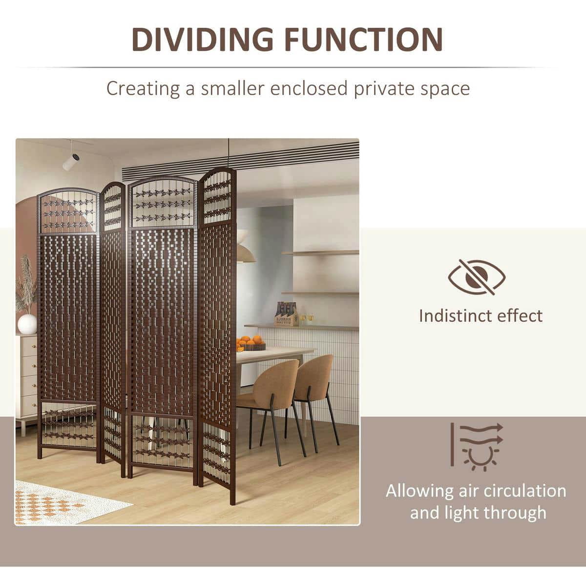 Spaco 4 Panel Folding Room Divider, Portable Privacy Screen, Wave Fiber Room Partition for Indoor as Living Room, Bedroom, Brown