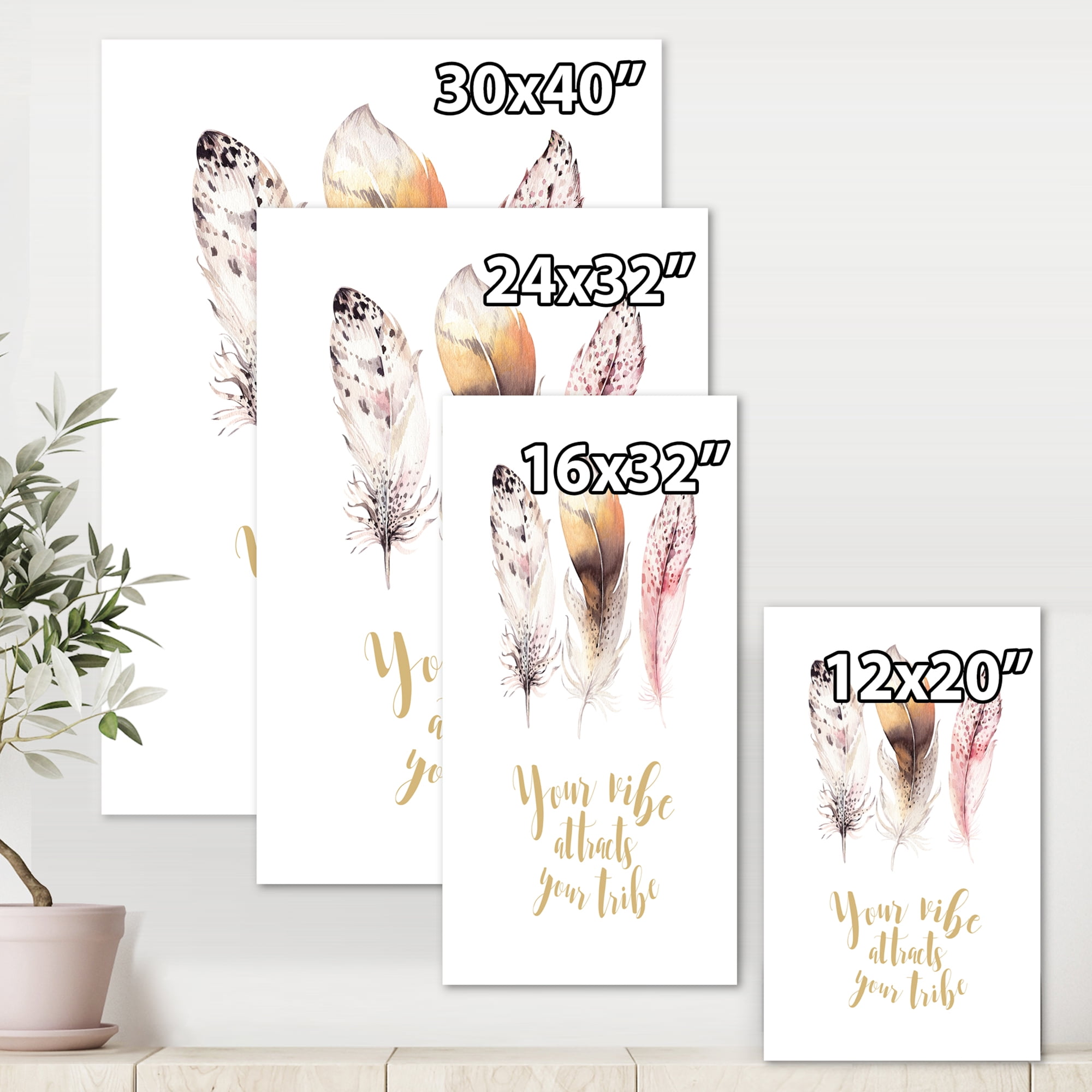 Designart ' Your Vibe Attracts Your Tribe Ethnic Feathers I ' Bohemian & Eclectic Canvas Wall Art Print