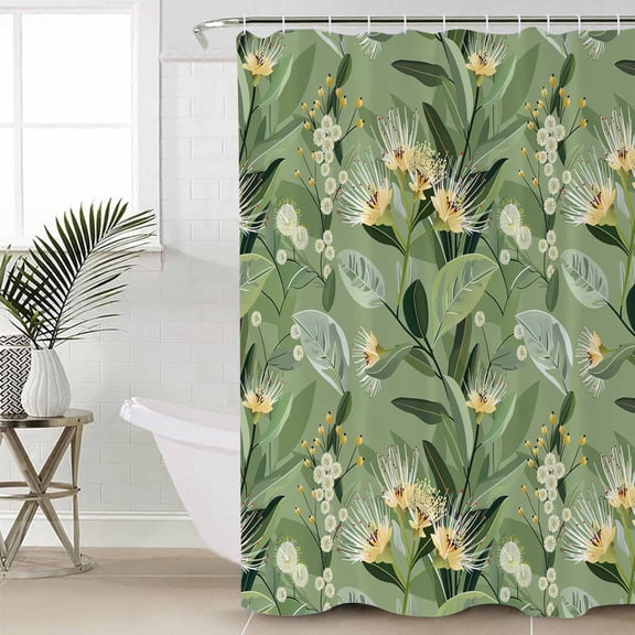 Green Summer Botanical Waterproof Fabric Shower Curtain, Yellow Spring Floral Shower Curtain for Bathroom Curtains Bathtubs Hotel Washable Shower Curtains with 12 Hooks Standard 72x72