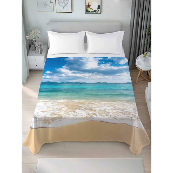 Ocean Beach California King Size Flat Sheet, Wrinkleproof & Fadeproof Cooling Flat Bed Sheet Only, Blue Sky Waves Sand Horizon Shore Summer Breathable Soft Bedding Top Sheets 108 x 98 Inches
