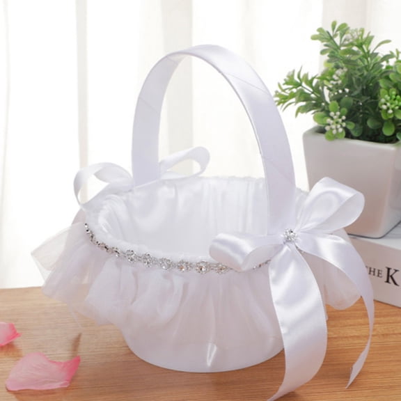 HonestMatter Flower Girl Basket, Elegant Bridal Wedding Basket with Bow and Lace Decoration, Small Handle Carrying Holder for Petals Candy and Celebrations, A