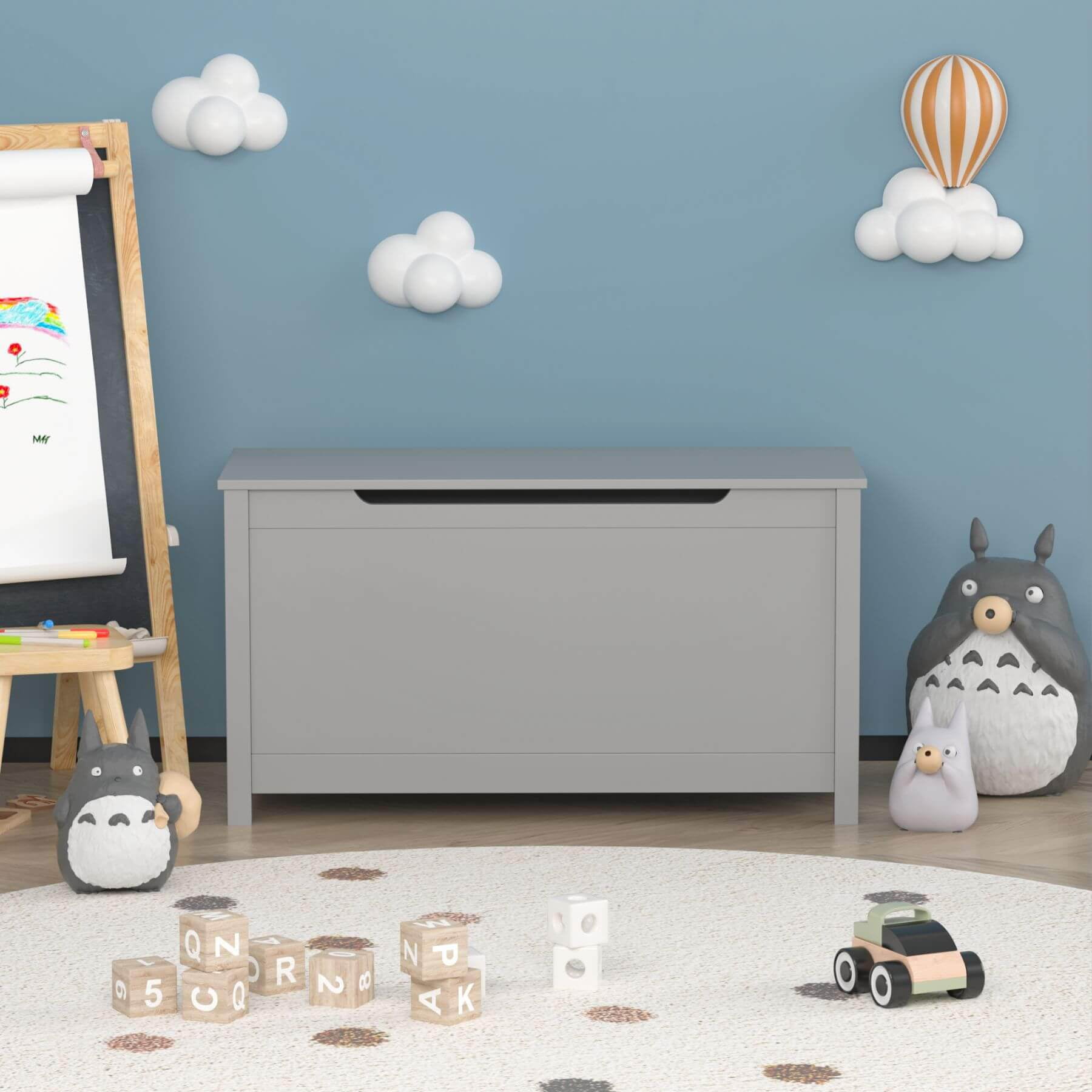 MOONRIVER Kids Wooden Toy Box Storage with Safety Hinged Lid, Grey