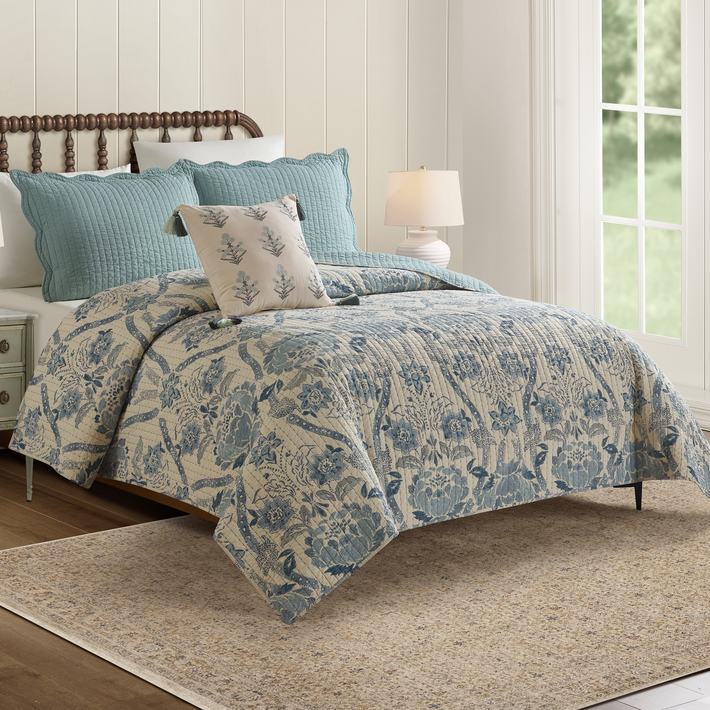 Spartina 449 Mystic Moss 3-Piece Cotton Damask Quilt Set, Full/Queen