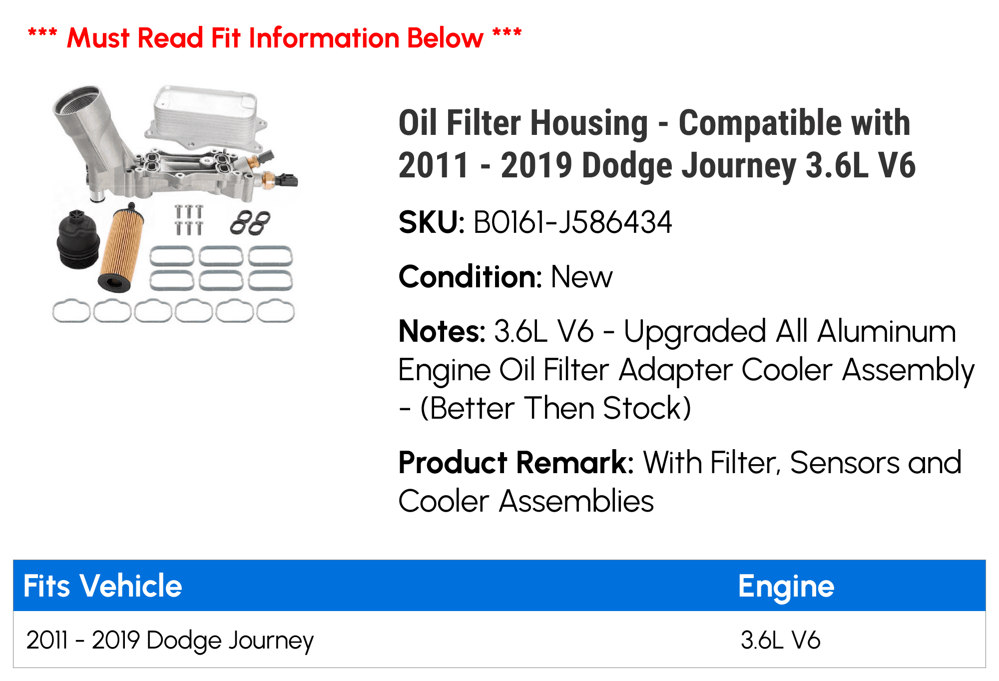 Oil Filter Housing - Compatible with 2011 - 2019 Dodge Journey 3.6L V6 - Replacement