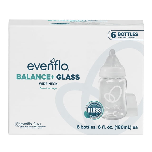 Biberones Evenflo Balance+ de vidrio con cuello ancho 180 ml, paquete de 6