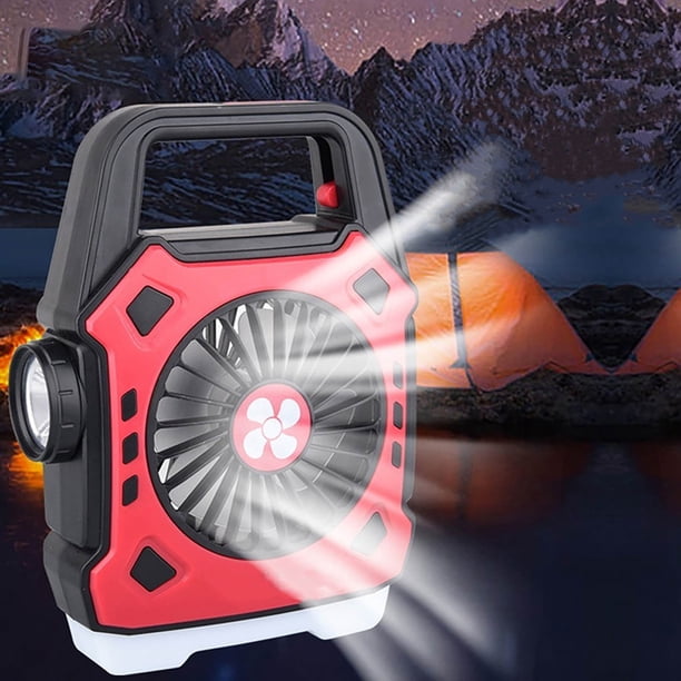 Ventilador portátil de camping con luz - recargable por USB, ventilador de senderismo 3 en 1, gancho colgante, 3 modos de luz, 5-12 horas de funcionamiento, rojo/azul