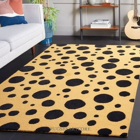 Artcore SA2 Handmade Gold Yellow & Black Polka Wool Area Rug, Modern Indoor Floor Rug for Living Room & Bedroom, 5x8 ft
