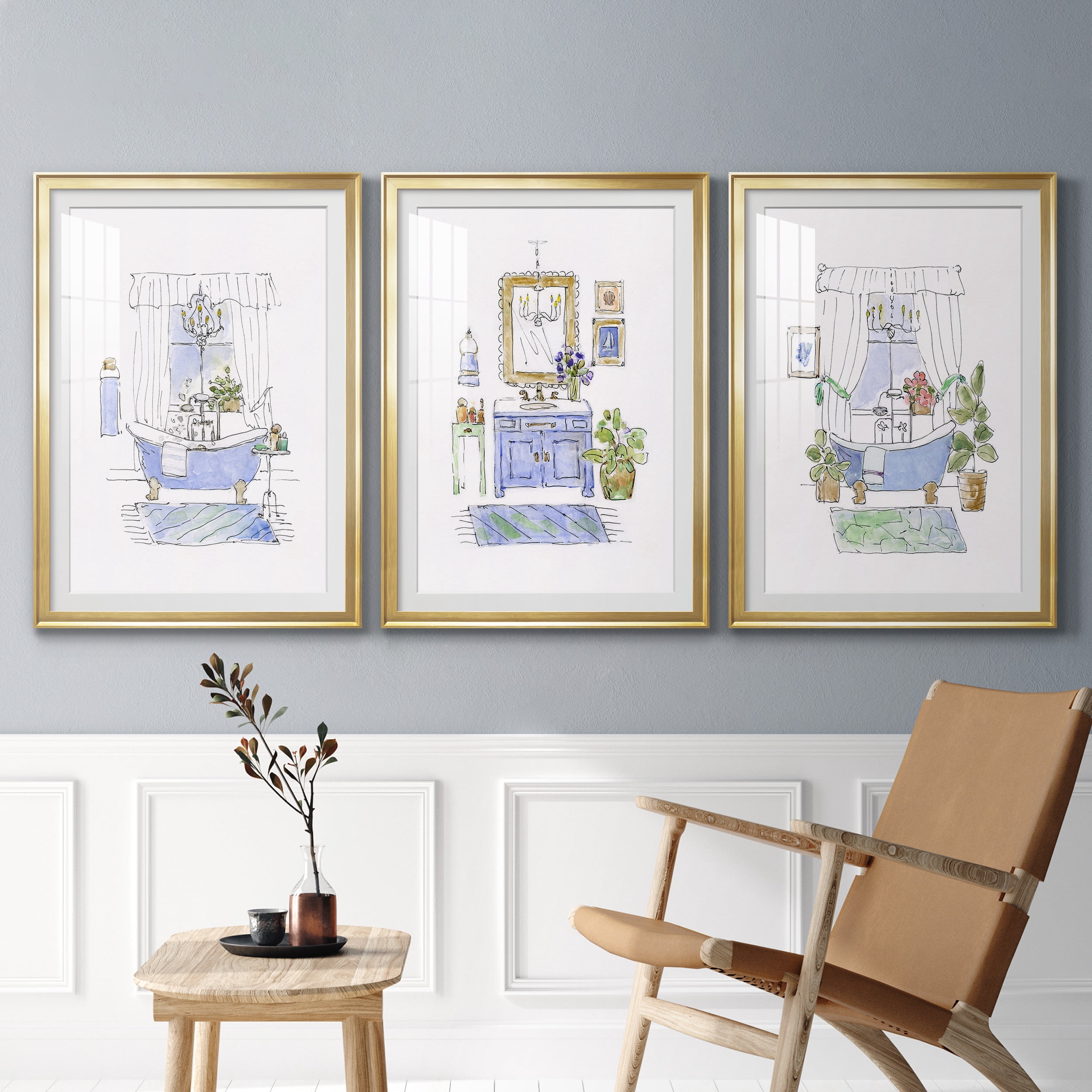 Sketchy Bath I Premium Framed Prints Set of 3 - Ready to Hang - 26.5 x 36.5 Each - Gold Frame