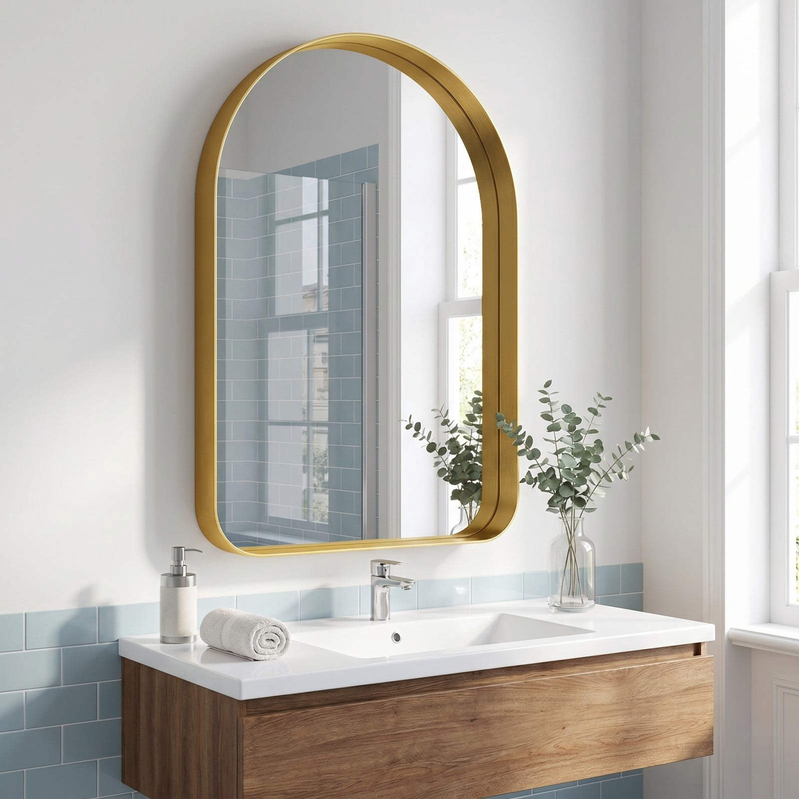 GRAHMCY 20"x30" Arched Bathroom Mirror Rounded Corner Vanity Wall Mirror with Deep Frame, Gold