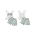 thumbnail image 2 of Loicainy Toddler Baby Girl Summer Clothes 6 12 18 24 Months 2T 3T 4T Casual Decorative Bow Smocked Flying Sleeve Tops and Flower Shorts 2 Pcs Outfits Set, 2 of 9
