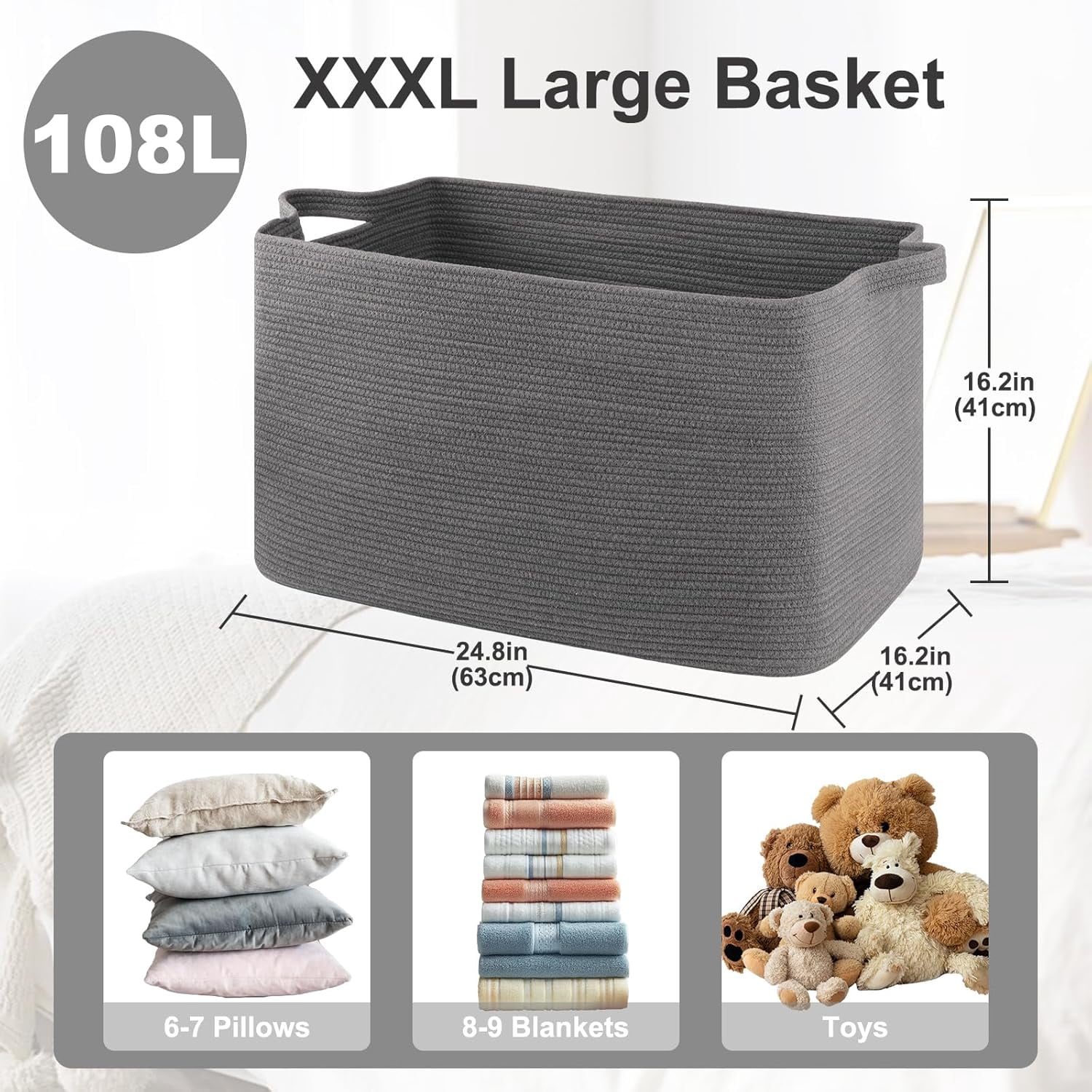 108L Extra Large Blanket Basket, 24.8" x 16.2" x 16.2" Rectangle Woven Storage Baskets for Living Room, Nursery, Bedroom, Toy Basket with Handle (Dark Grey)
