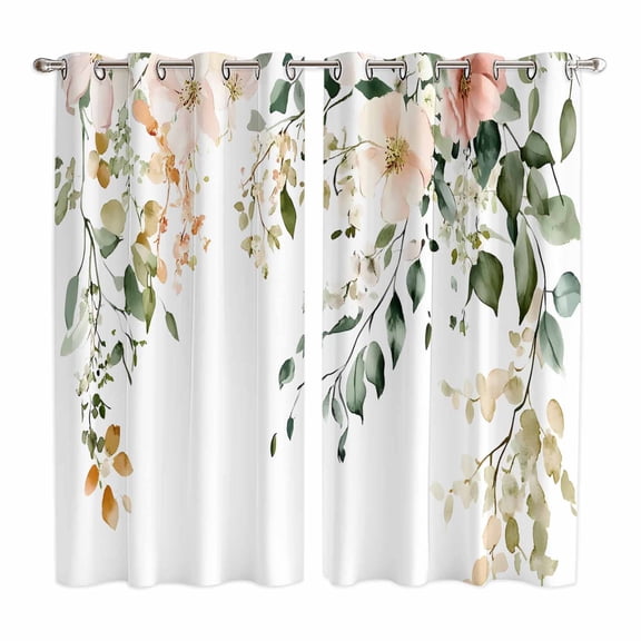 Sage Green Eucalyptus Kitchen Curtains 84 Inch Length, Vintage Spring Floral Leaves Grommet Top Bedroom Living Room Curtains, Light Filtering Cafe Curtain Drapes 2 Panels Set 104''x84''