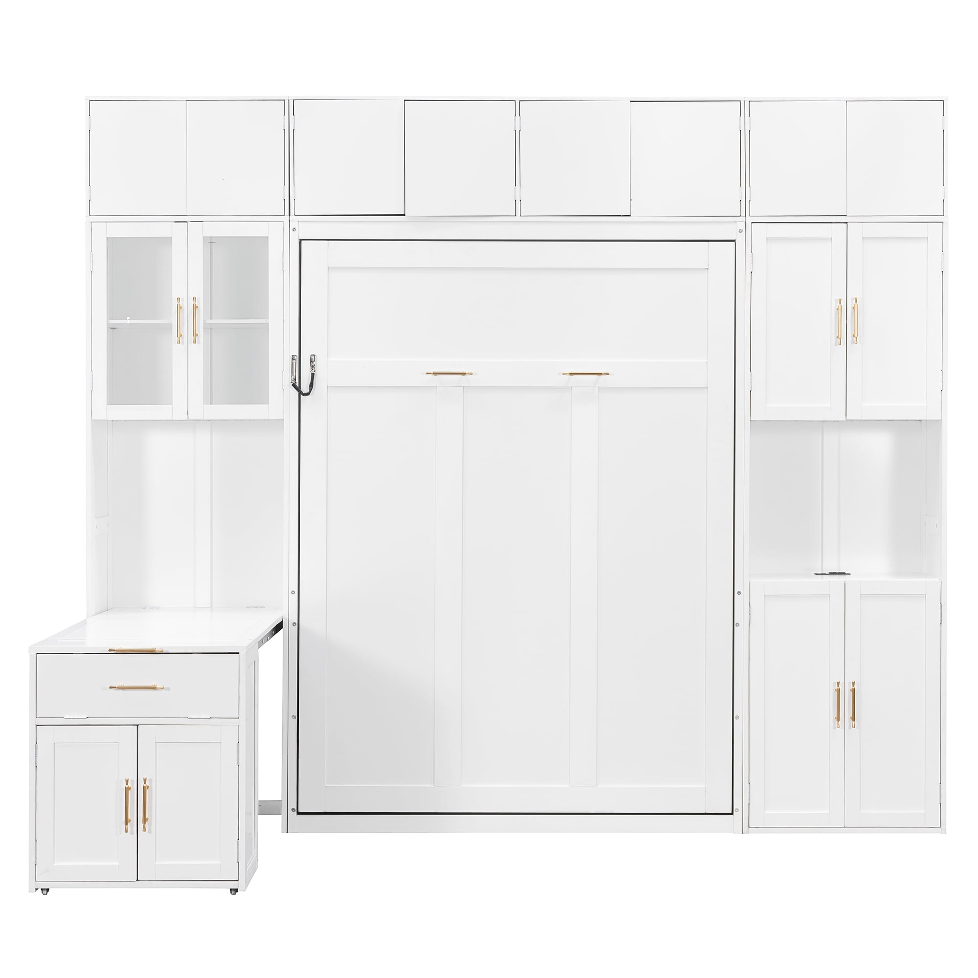 Full Size Murphy Bed with Storage Hutch, Writing Desk, USB, LED Lighted for Small Space, Guest Room
