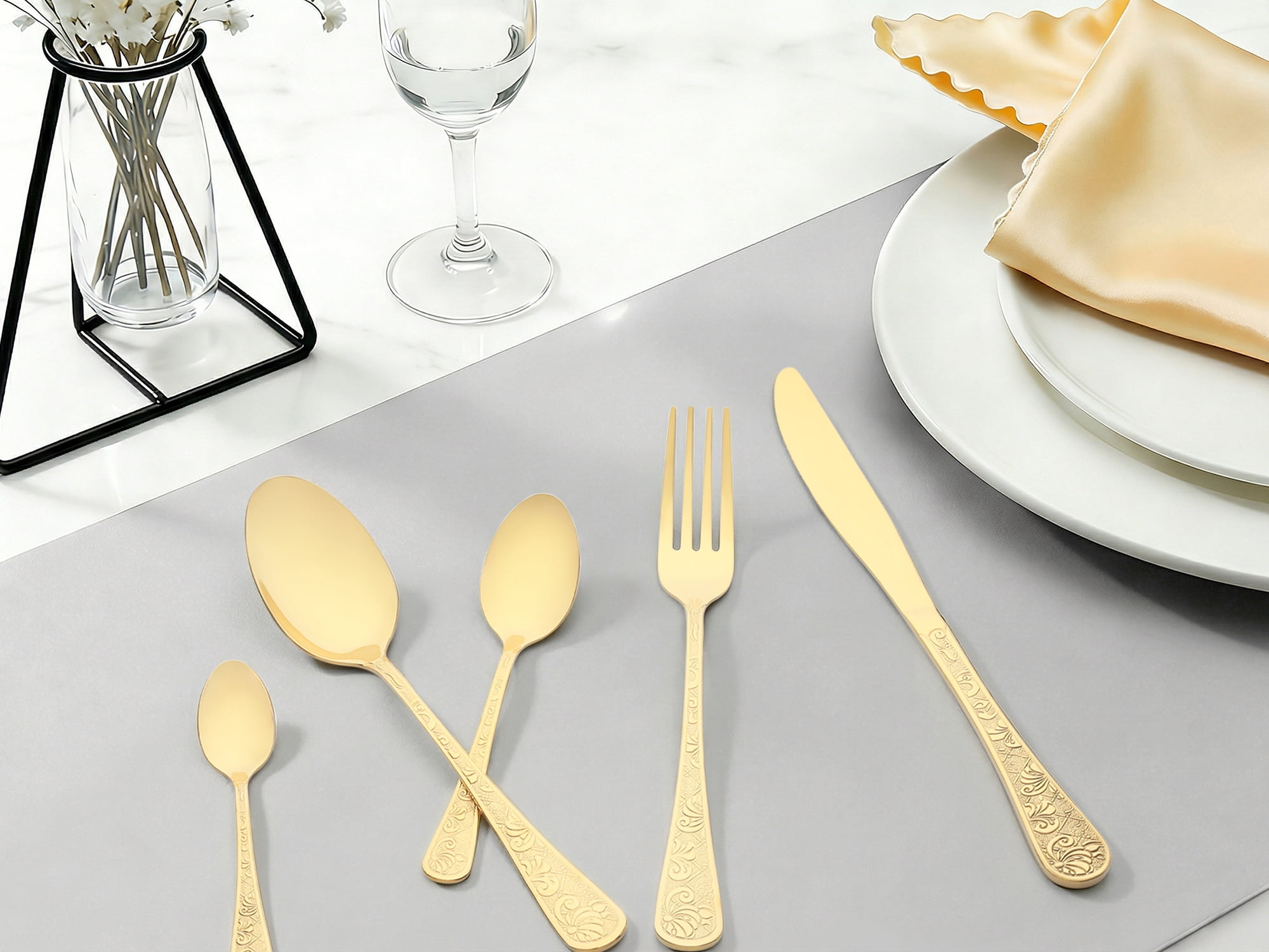 Unique Bargains 20 Piece Silverware Set Stainless Steel Floral Flatware Gold 20