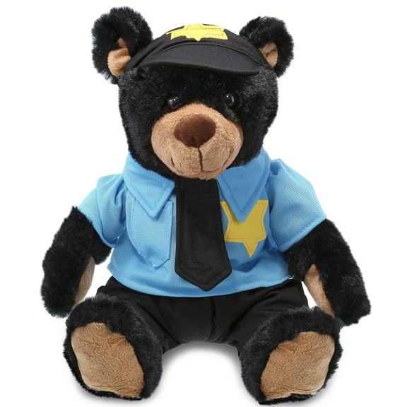 DolliBu Black Bear Police Officer Plush Toy - Super Soft Plush with Red Plaid Hoodie Stuffed Animal with Cute Cop Uniform and Cap Outfit - Fluffy Policeman Plush Gift - 10 Inches