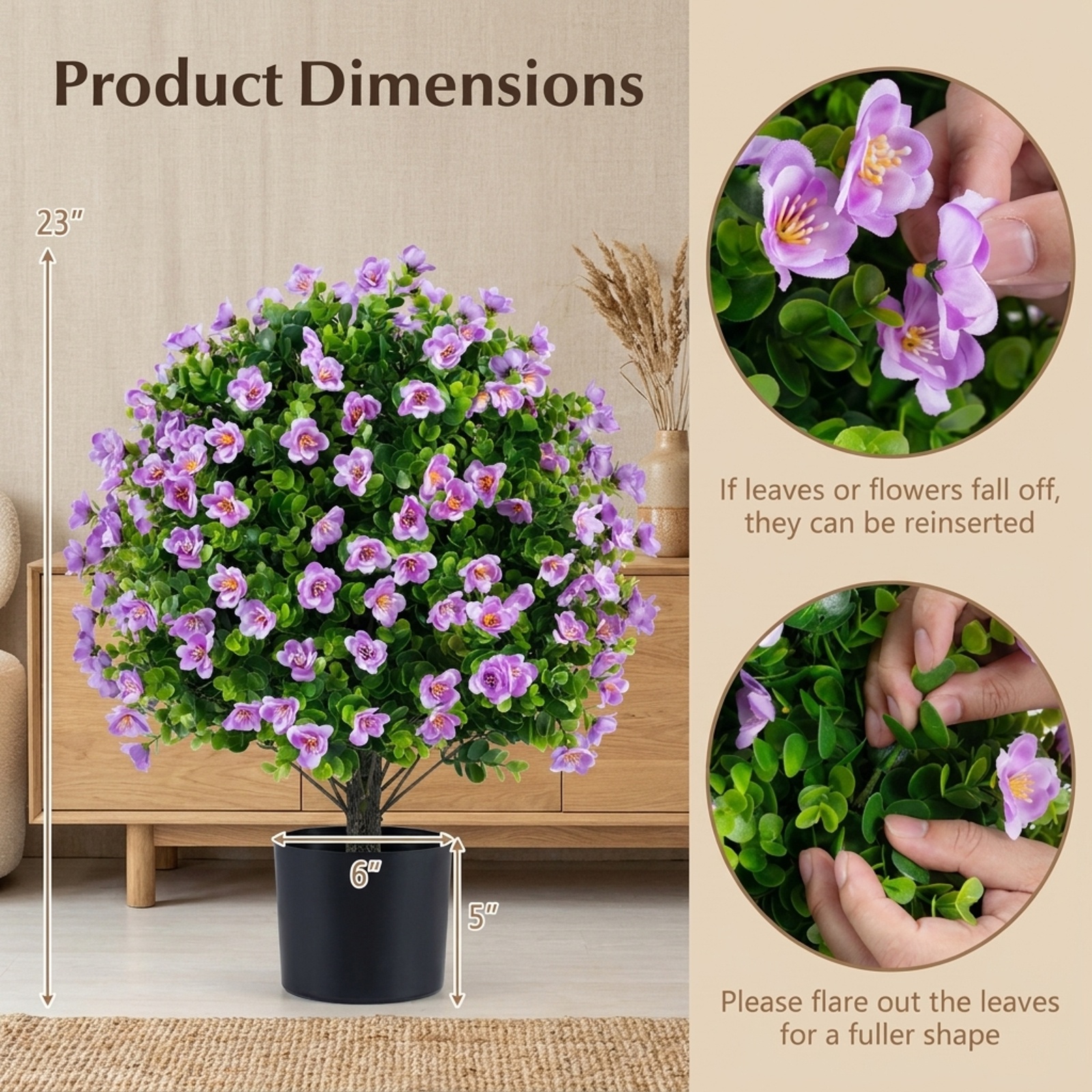 Vebreda Artificial Plant Decor, 2 Pack Artificial Eucalyptus Topiary Trees with Flowers and Cement Planter for Home, Lifelike Eucalyptus Bush