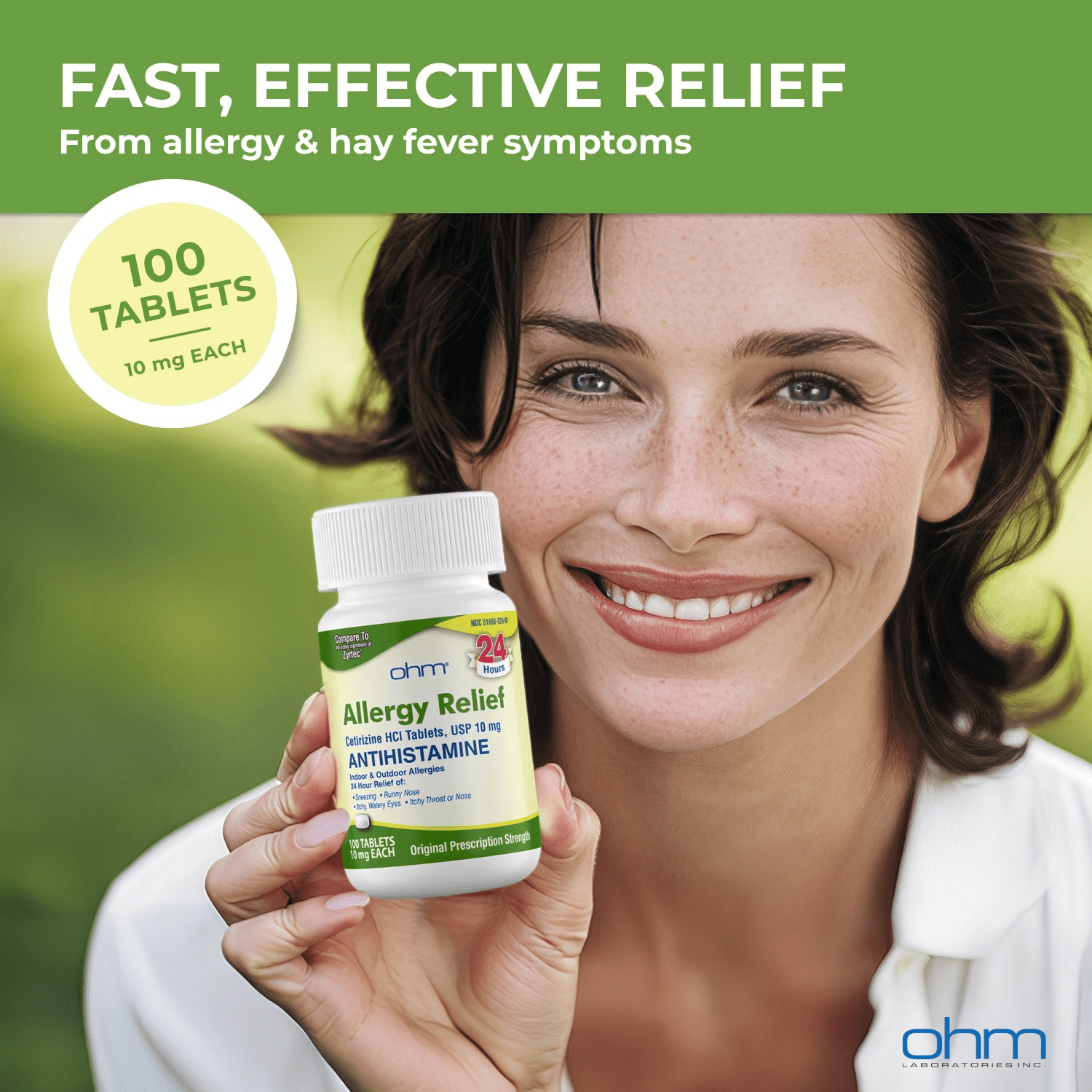 (3 pack) Ohm Cetirizine 10 mg, All Day Allergy Relief (100 Count) Antihistamine Tablets for Indoor & Outdoor Allergies, Hives, Hay Fever, Sneezing, Runny Nose, Itchy Nose or Throat, Dry Itchy Eyes