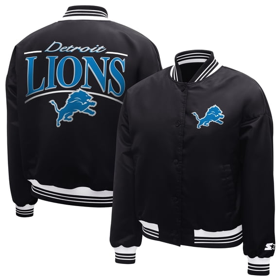 Women's Starter Black Detroit Lions Satin Full-Snap Varsity Jacket