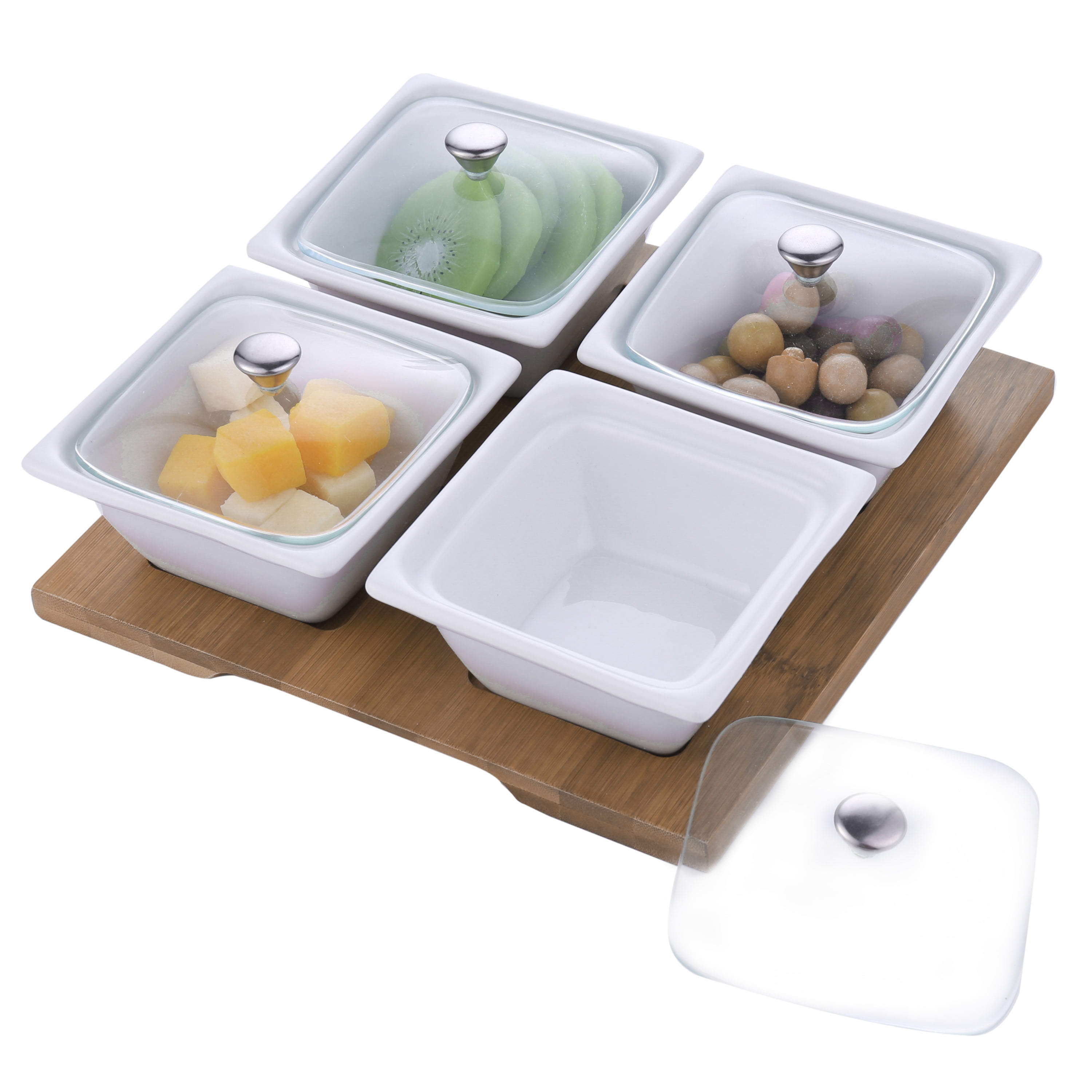 White Ceramic Relish Serving Bowl Set with Glass Lids & Bamboo Tray