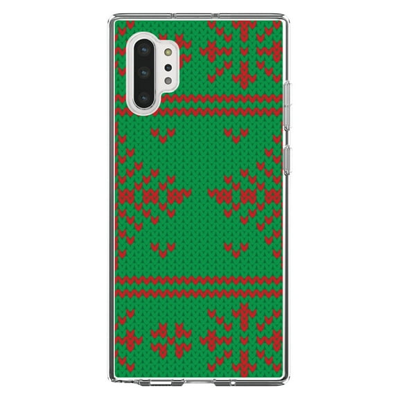 DistinctInk Clear Shockproof Hybrid Case for Galaxy Note 10 PLUS (6.8" Screen) - TPU Bumper, Acrylic Back, Tempered Glass Screen Protector - Green Red Ugly Christmas Sweater - Christmas All Year
