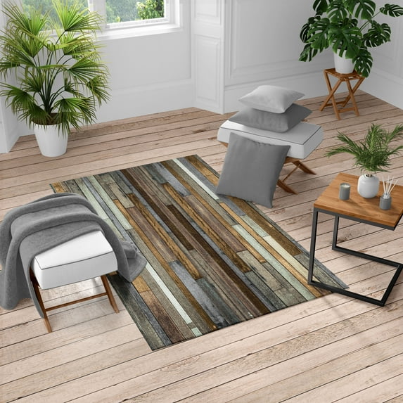 Wooden Print Turkish Area Rug, Brown Old Hardwood Floor Plank Grunge Lodge Garage Natural Rural Graphic, Soft Carpet for Living Room Decor with Distressed Look, 5.2' X 7.6', Dark Sepia, by Ambesonne
