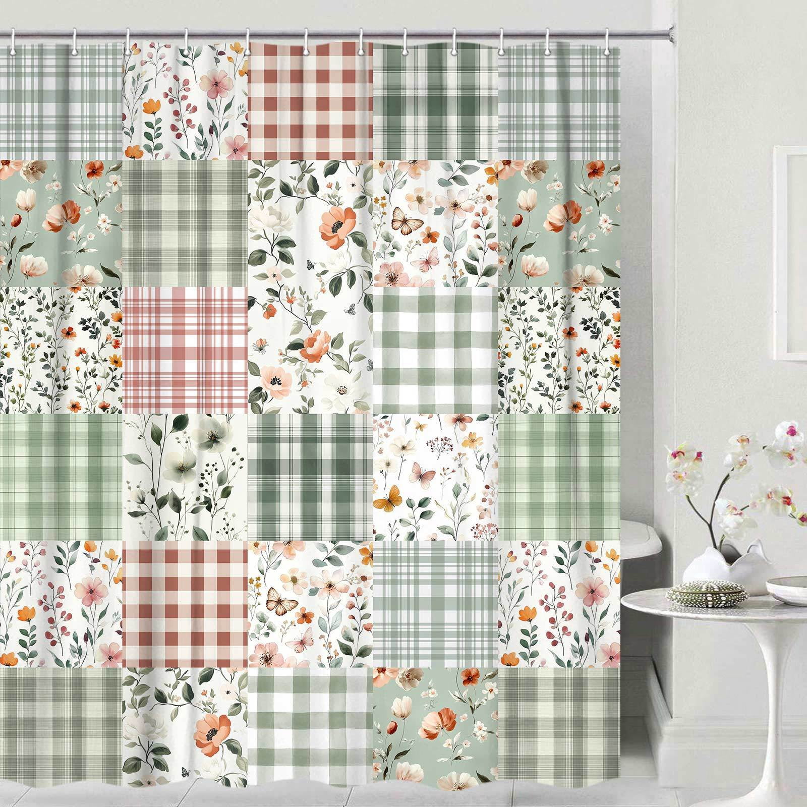 Cute Plaid Floral Shower Curtain, Boho Sage Green Flower Fabric Shower Curtains for Bathroom, Retro Pink Flower Checkered Patchwork Bath Curtain Set Washable Waterproof with 12Hooks,36X72in