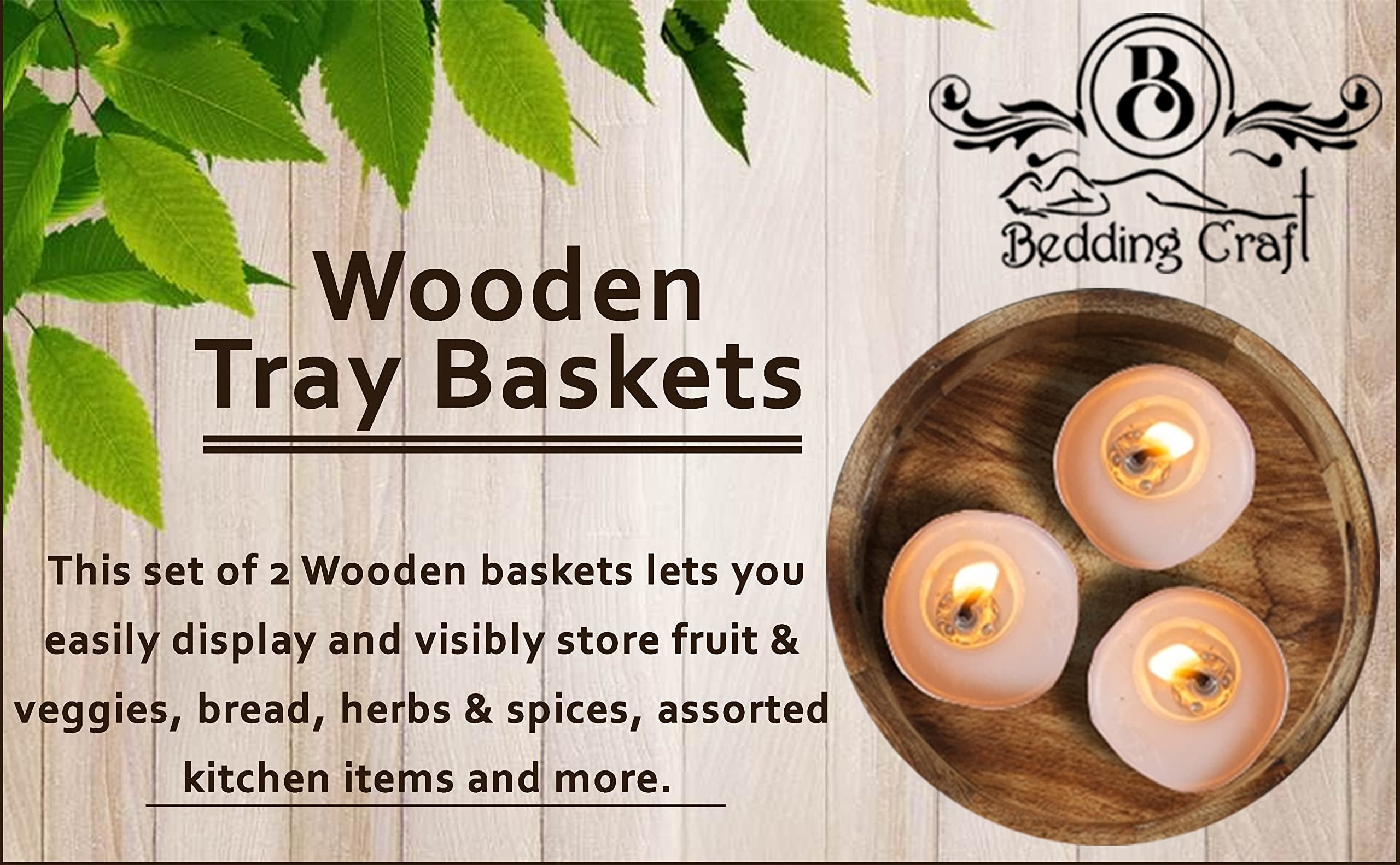Bedding Craft Natural Burnt Round Wooden Serving Tray Set – Rustic Countertop Fruit Basket Organizer – Natural Wood Decorative Storage, Set of 2, 12x12x1.5 Inch