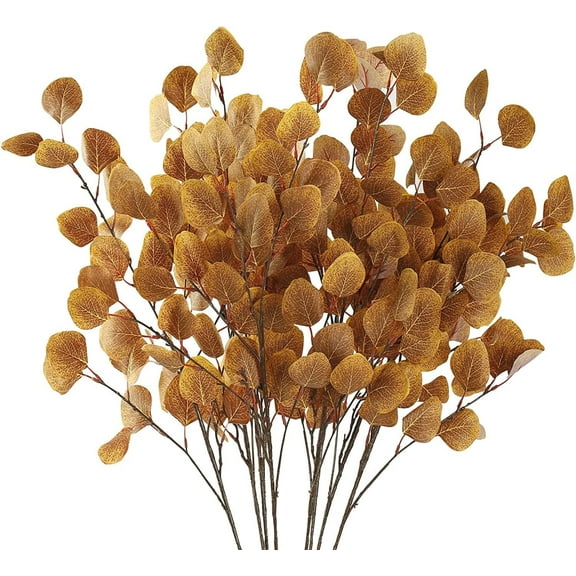 MixMart 6 Pcs Fall Artificial Eucalyptus Stems Long Silver Dollar Leaves Silk Eucalyptus Leaf Branches for Indoor Home Autumn Festival Thanksgiving Decor(Dark Brown)
