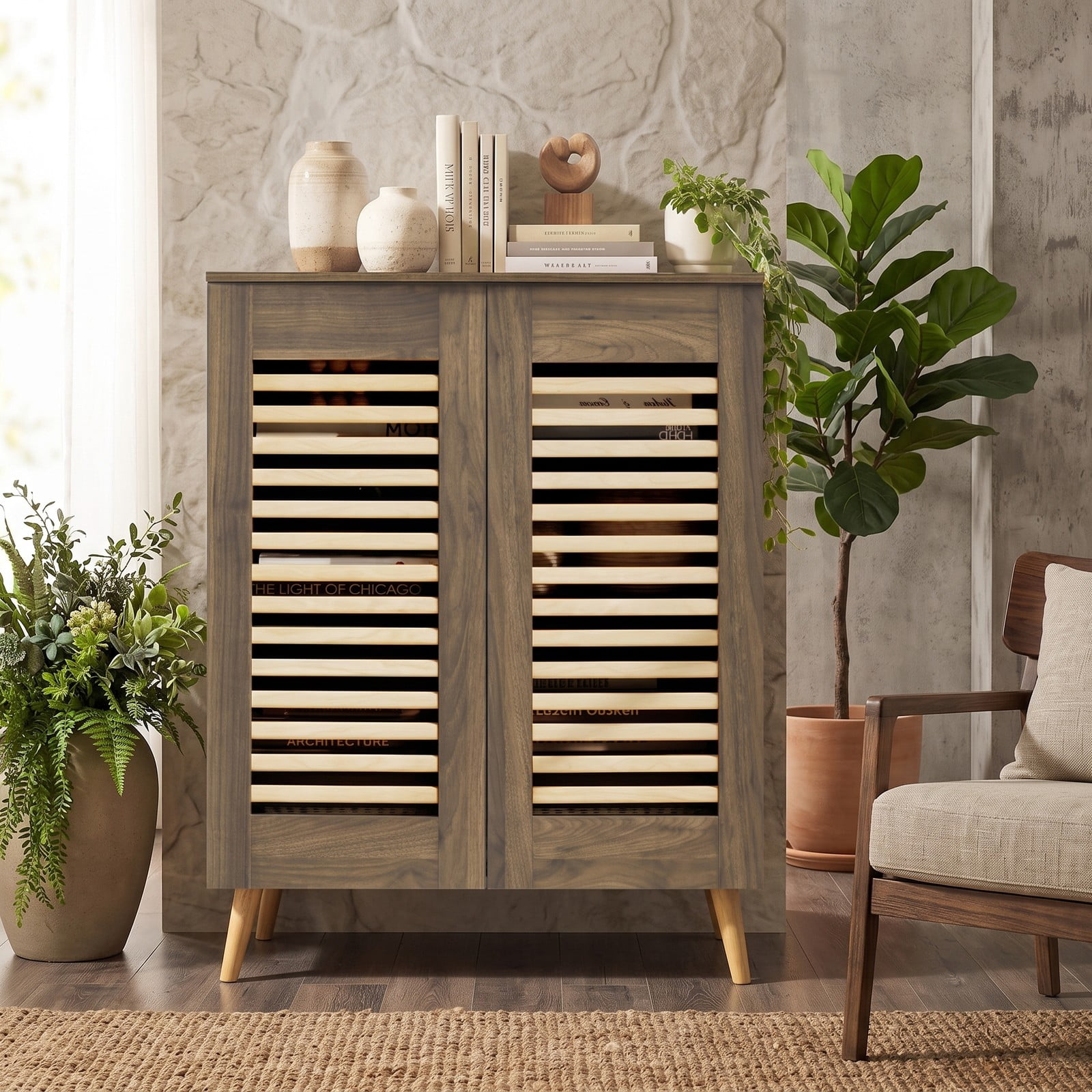 Furnibear Shoe Cabinet with Louvered Doors and 3 Removable Shelves for Entryway Closet and Hallway Shoe Storage Organizer, Walnut