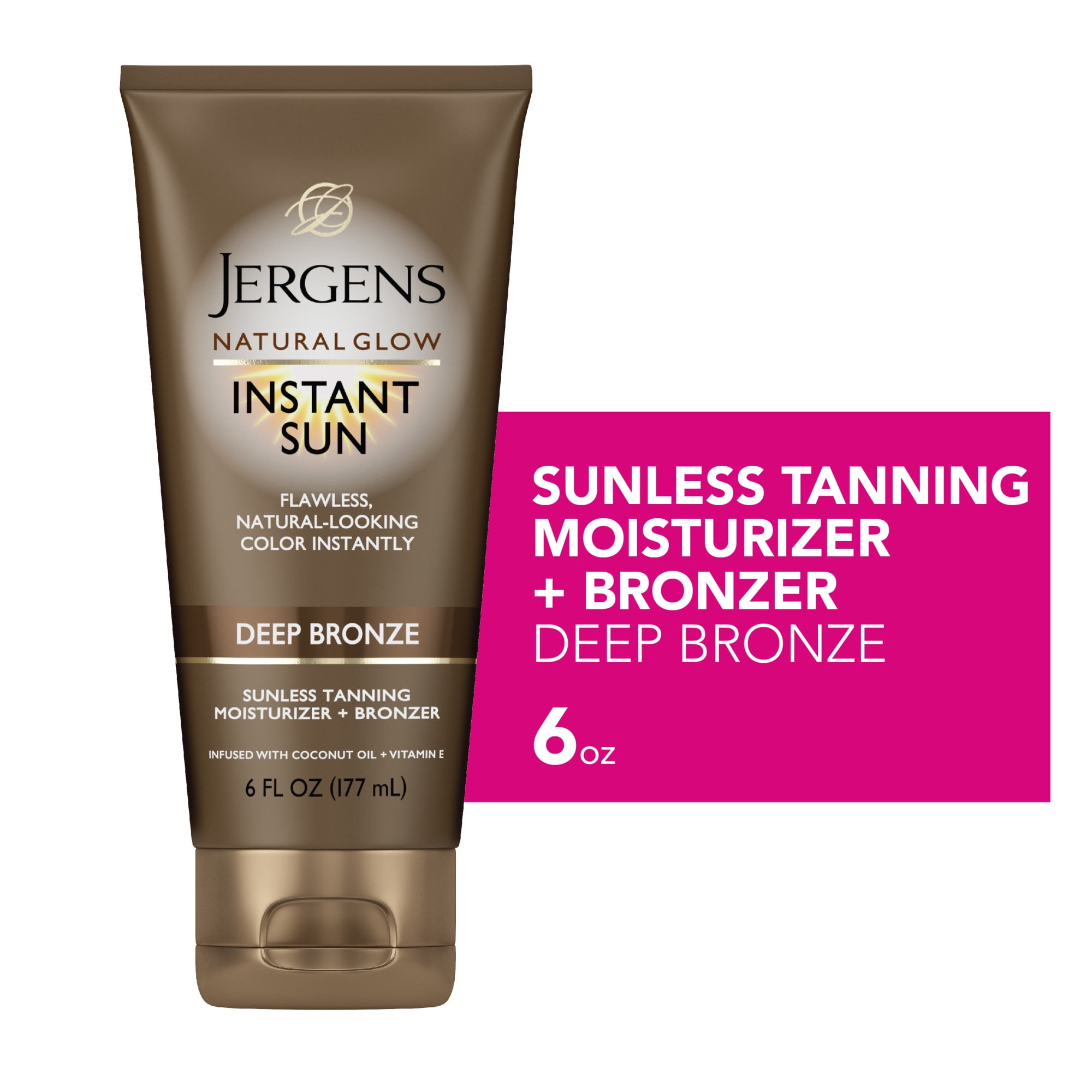Jergens Natural Glow Instant Sun Sunless Tanning Moisturizer + Bronzer, Deep Bronze, 6 fl oz