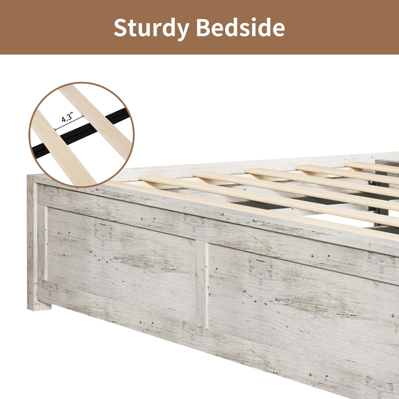 VanAcc King Size Platform Bed Frame with Wood Grain Headboard, Farmhouse Bed Frame with Storage/No Box Spring Needed/Noisy Free/Easy Assembly/White