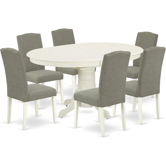HomeStock 7 Piece Kitchen Table Set Consist of an Oval Dining Table with Leaf and 6 Dark Shitake Linen Fabric Parson Chairs, 42x60 Inch, Linen White