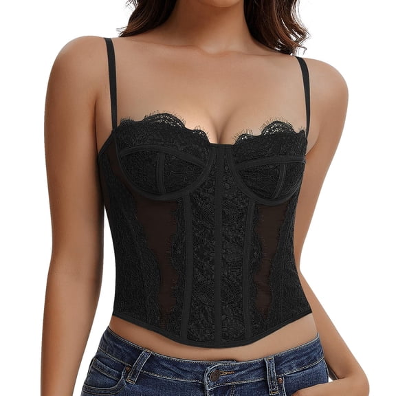 VISALY Corset Tops for Women Lace Slim Fit Going Out Crop Top Plus Size Cute Spaghetti Strap Corset Bodysuit Lightweight Bustier Vest Camisole Push Up Cami Tops for Club Halloween Concerts Black L