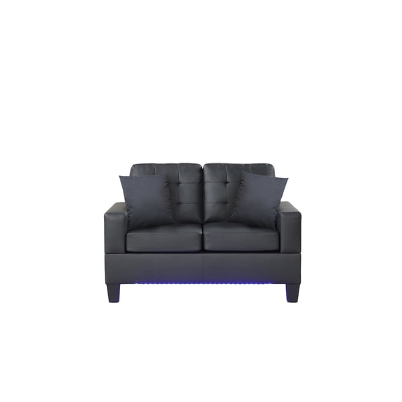 Genesis 55.5"W Black PVC Fabric Loveseat with LED Lights USB Tufted Cushions