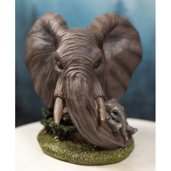 Noble Guardian Safari Elephant Protecting Calf by Green Grasslands Statue 8" H