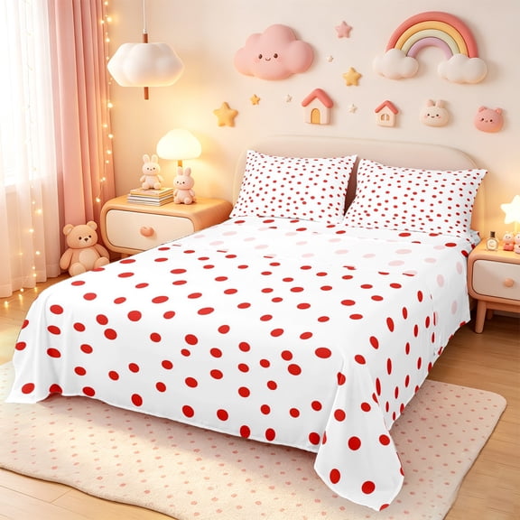 Manfei Cartoon Polka Dots Twin Sheet Sets,Fashion French Style Twin Fitted Sheet,Hotpink White Flat Sheet For Children,Breathable Home Decor,3-Piece