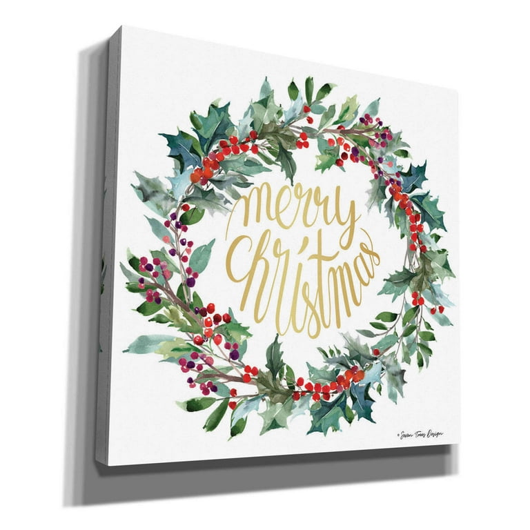 Framed Canvas Art (Champagne) - Merry Christmas Holly Wreath by Seven Trees Design (styles > Decorative Art > Holiday Décor > Christmas > Christmas