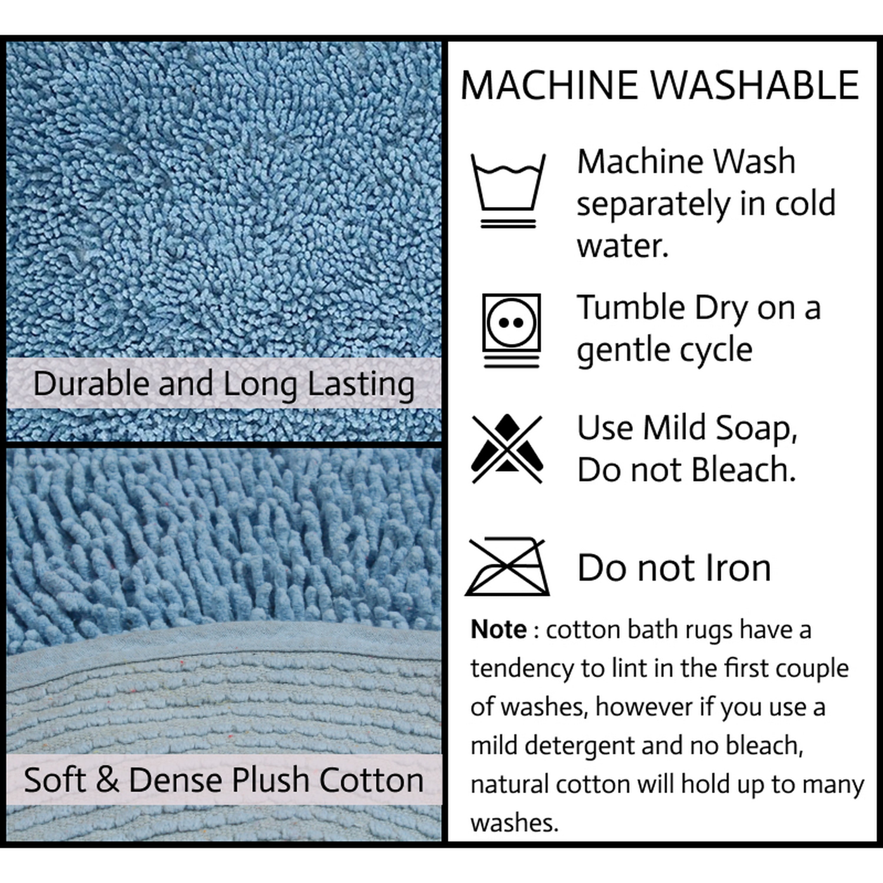 Home Weavers Fantasia Bath Rug 100% Cotton Non-Slip Bathroom Rug Set Machine Washable Bathroom Rug, Bath Rug, U Shaped Contour, Runner, Blue Color 4 Piece Bath Rug set