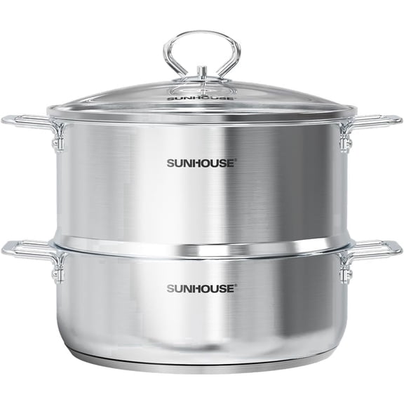 SUNHOUSE Stainless Steel Steamer Pot with Lid, 2 Tier Vegetable Steamer, 5.5 Qt, Induction