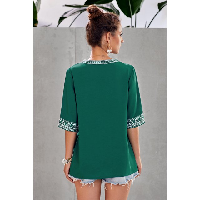 ABPHQTO Blusa de Mujer Verde Chic Boho Escote en V Media Manga