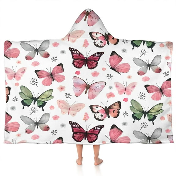 White Butterfly Pattern Hooded Bath Towel,50"x30" for Ages 3 To 12 Kids, Quick Dry Lightweight Soft Microfiber Hood Beach Towel Cover Up for Kids