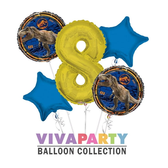 Jurassic World Round Balloon Bouquet 5 pc, 8th Birthday, Gold Number 8 Jumbo Balloon | Viva Party Balloon Collection