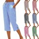 thumbnail image 1 of Capris a Rayas para Mujer con Cintura Ajustable con Cordón, Shorts de Cintura Alta, Abertura Lateral, Botón, Pierna Recta, Shorts con Bolsillos, Azul Claro, XL, 1 of 5